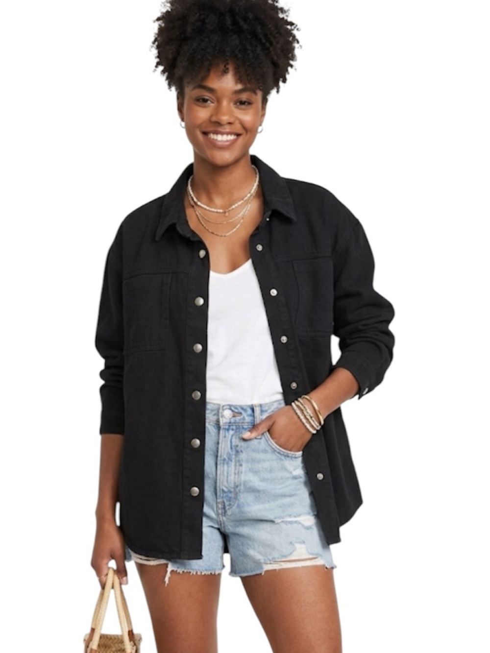Shacket Black & Silver Denim Shirt Jacket Button-Down Size: Large
